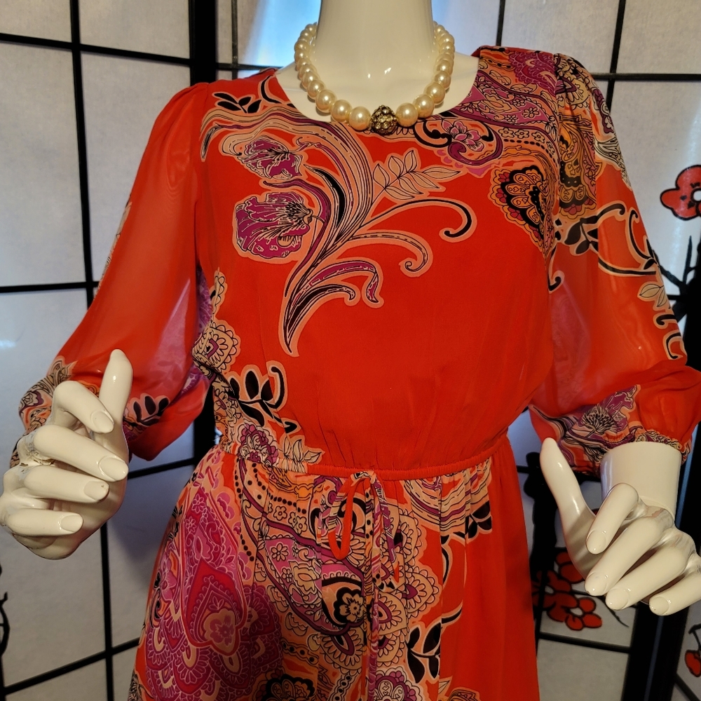 ENFOCUS STUDIO LADIES SHEER BLOUSON PAISLEY DRESS/ORANGE PAISLEY ART/SIZE 6P - Picture 3 of 12